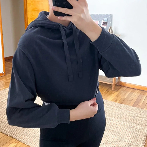 Frame Navy Cropped Wide Sleeve Designer Classic Pullover Hooded Sweatshirt XXS - Picture 1 of 8